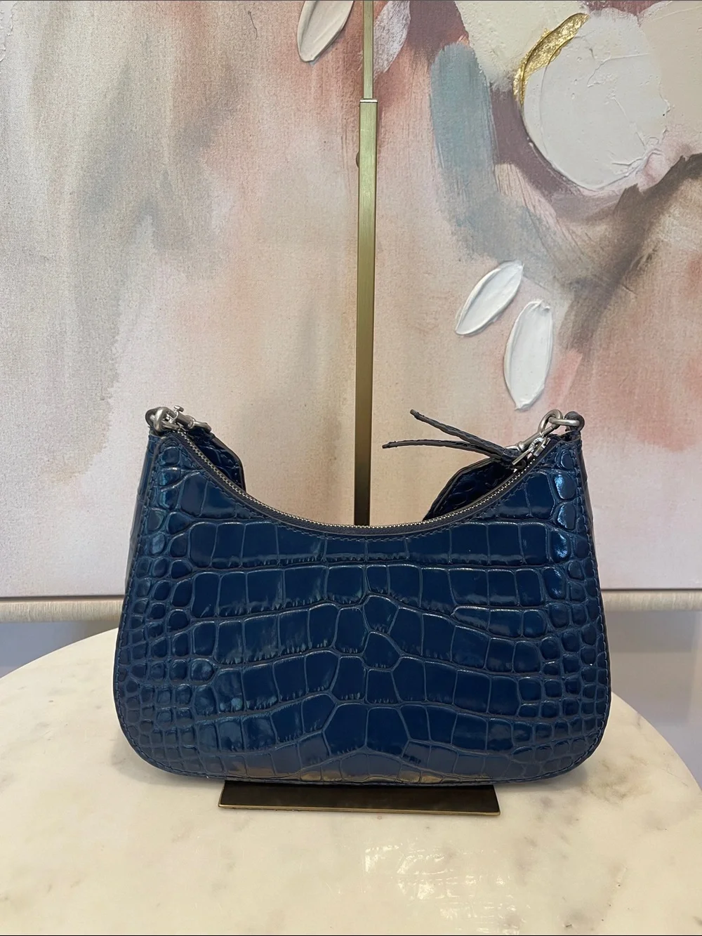 Tory Burch Croc-Embossed Navy Leather Shoulder Bag